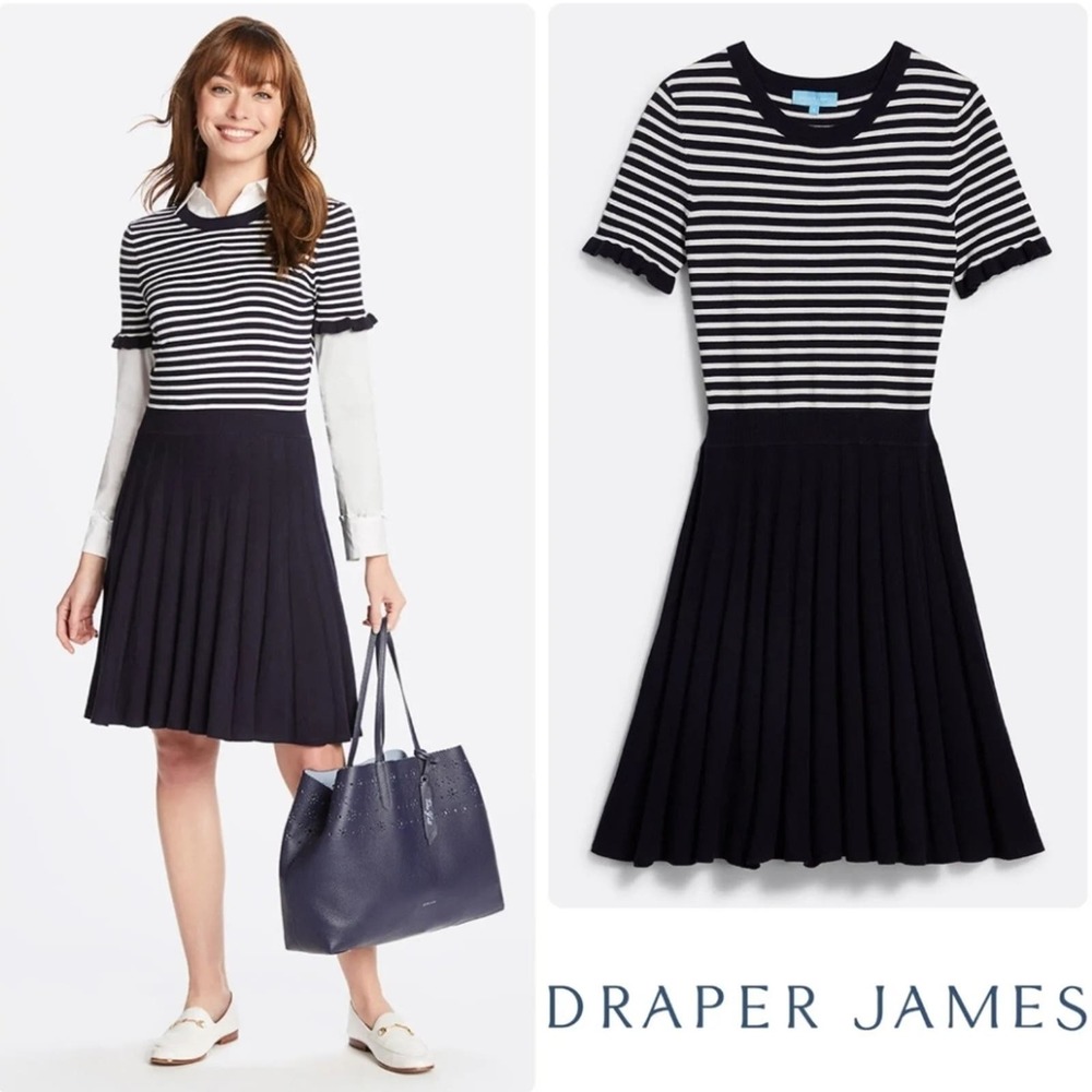 Draper James Nassau Navy Blue & White Striped A Line Pleated Sweater Dress
